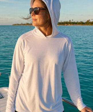 Plain UPF 50+ hoodie sun shirt worn on the water in the Florida Keys