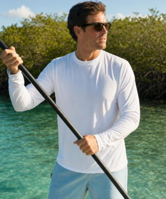 Plain UPF 50+ long sleeve sun shirt worn on the water in the Florida Keys