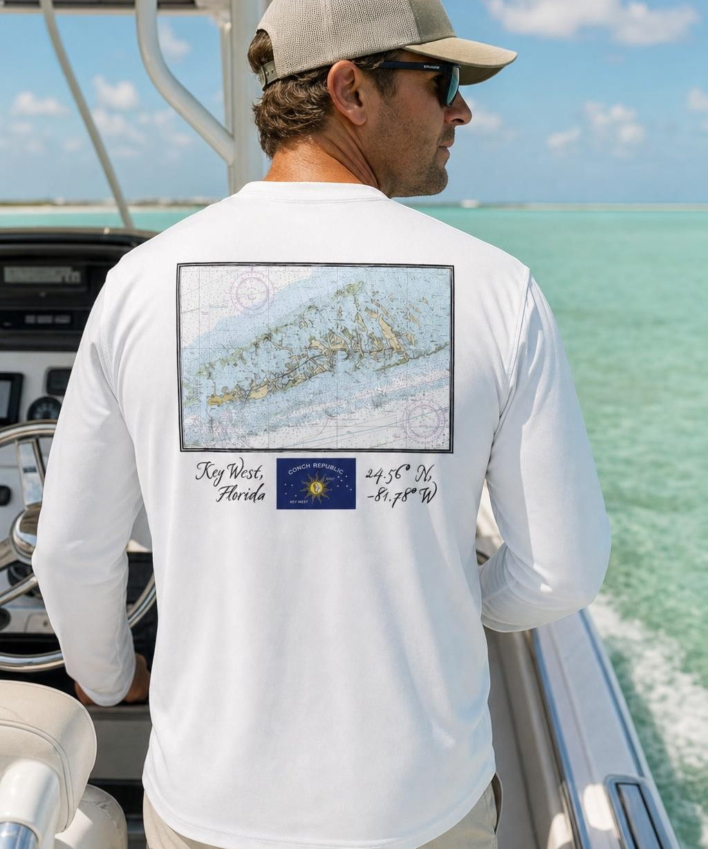 Key West Sun Shirts navigation chart sun shirt Long Sleeve worn on the water in the Florida Keys