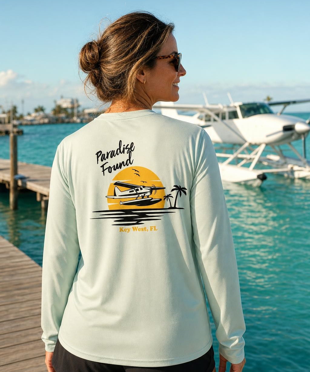Key West Sun Shirts paradise found with seaplane Long Sleeve worn on the water in the Florida Keys