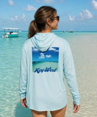 Key West Sun Shirts sand bar life Hoodie worn on the water in the Florida Keys