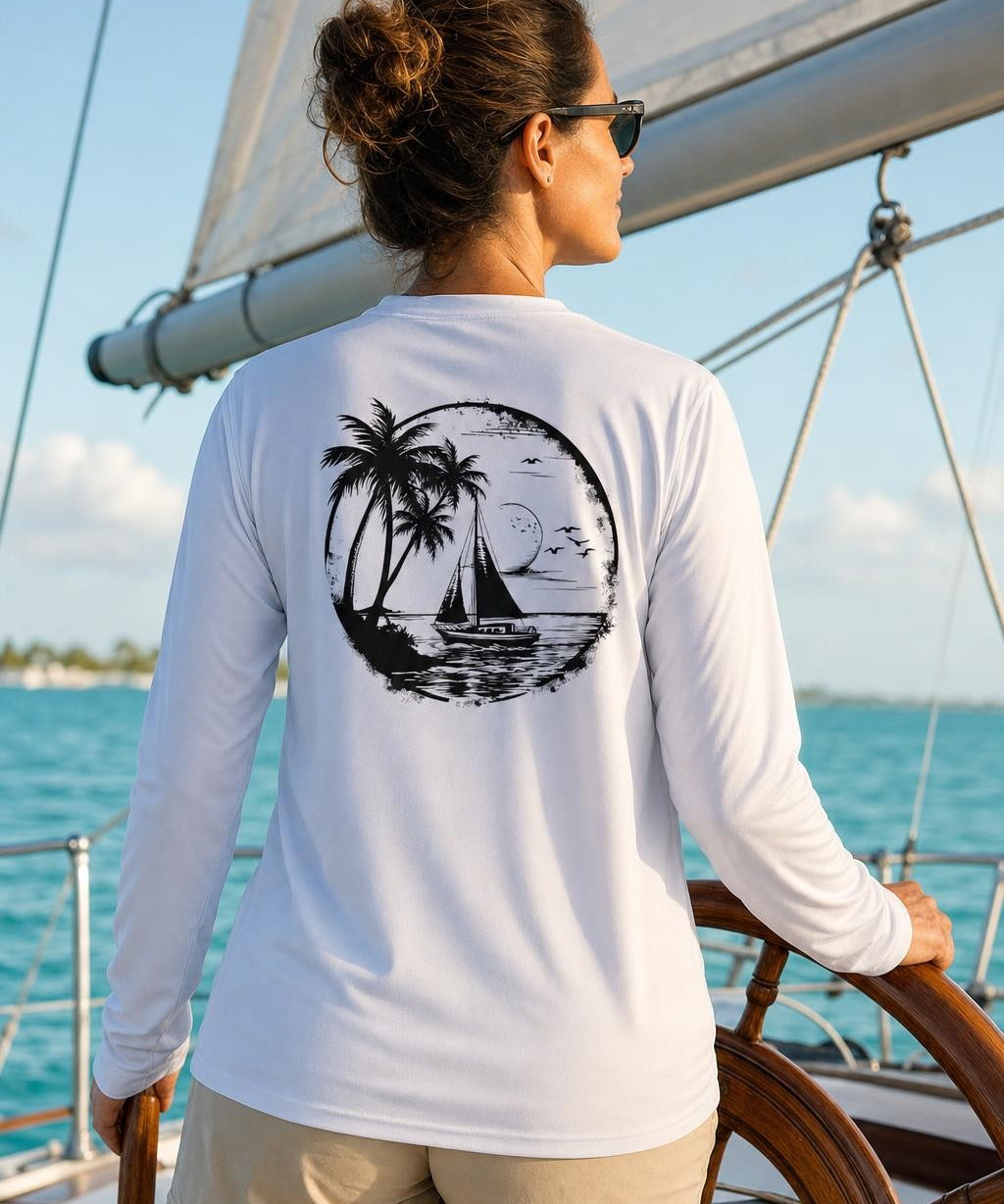 Key West Sun Shirts tropical sailboat silhouette Long Sleeve worn on the water in the Florida Keys