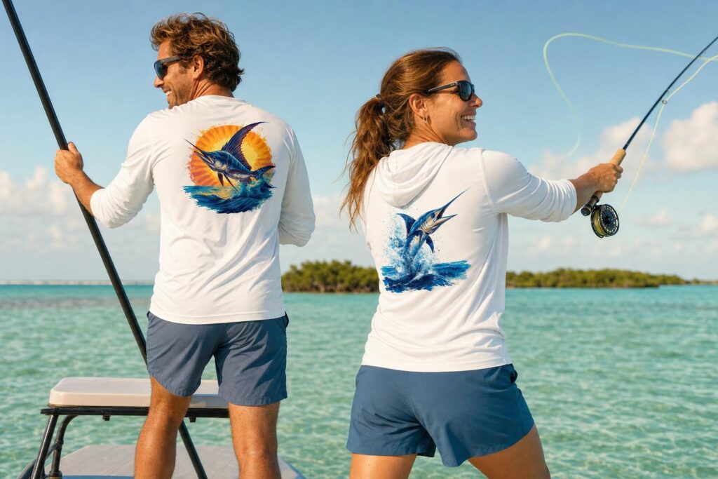 A man poling a flats skiff from the platform while a woman fly casts from the bow near Key West, wearing the Blue Marlin sun hoodie and Sailfish long sleeve