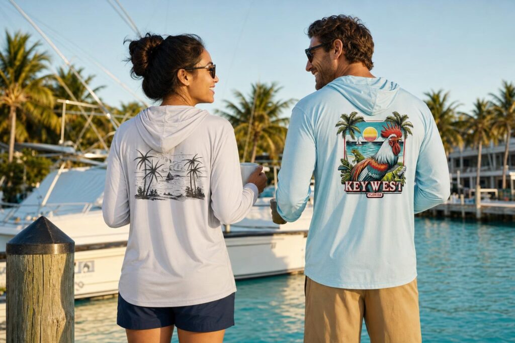 Two friends with coffee on a Key West marina dock in the Sails n Palms and Wildlife's Wild Life UPF 50+ sun hoodies
