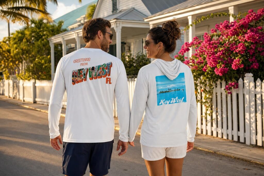 Two friends walking an Old Town Key West street past white conch houses and bougainvillea, wearing the Greetings from Key West long sleeve and Island Life sun hoodie