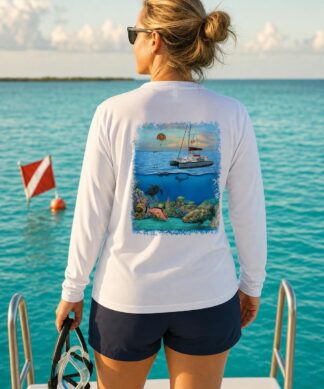 Woman in a white Key West Sun Shirts long sleeve with the Key West Snorkeling reef design on the back, on a boat over turquoise water