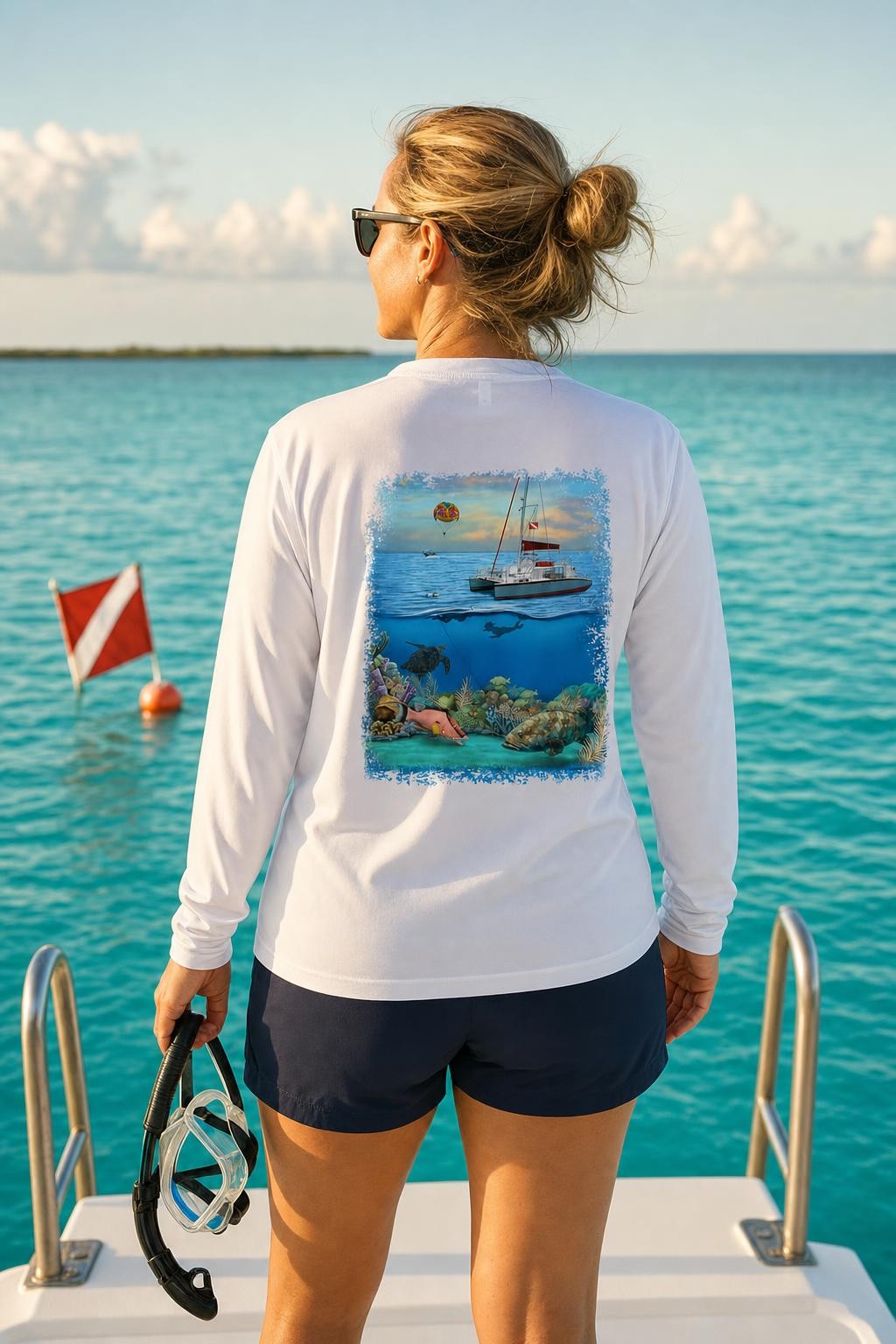 Woman in a white Key West Sun Shirts long sleeve with the Key West Snorkeling reef design on the back, on a boat over turquoise water